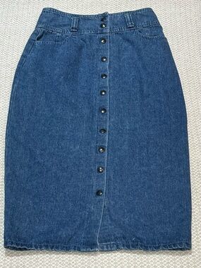 Vintage Triad Express Dark Blue Button-Front Denim Midi Skirt